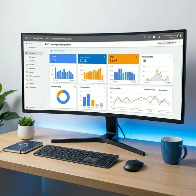 PPC campaign management dashboard showing Google Ads performance metrics and conversion tracking