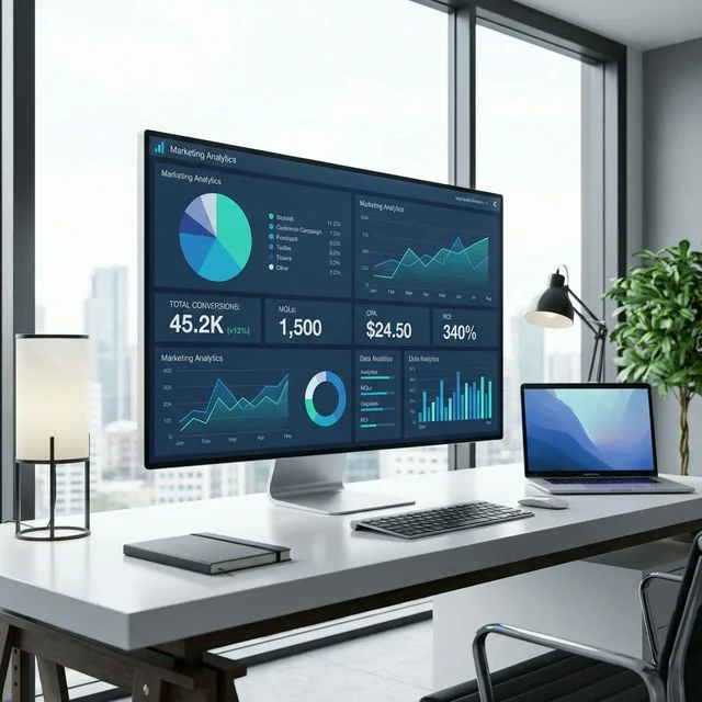 Marketing analytics reporting dashboard showing KPI metrics, charts, and performance data visualization