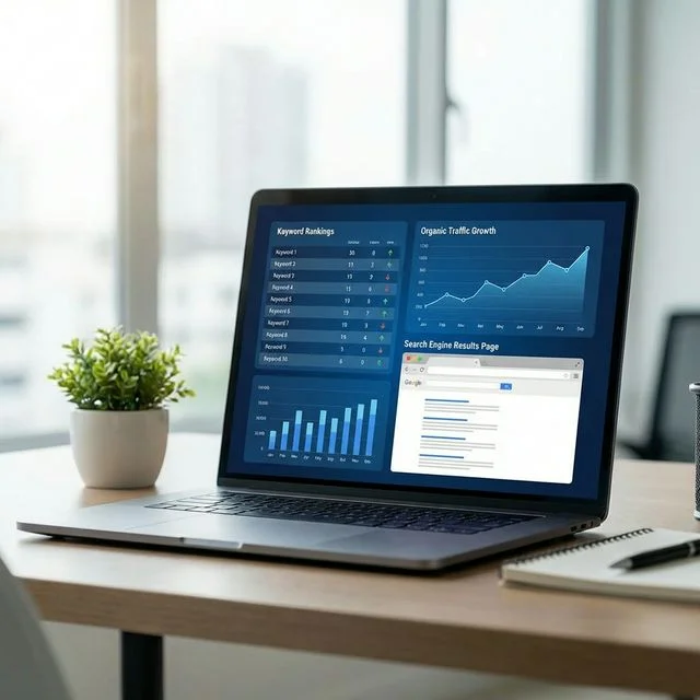 SEO analytics dashboard showing keyword rankings, organic traffic growth charts, and search engine performance